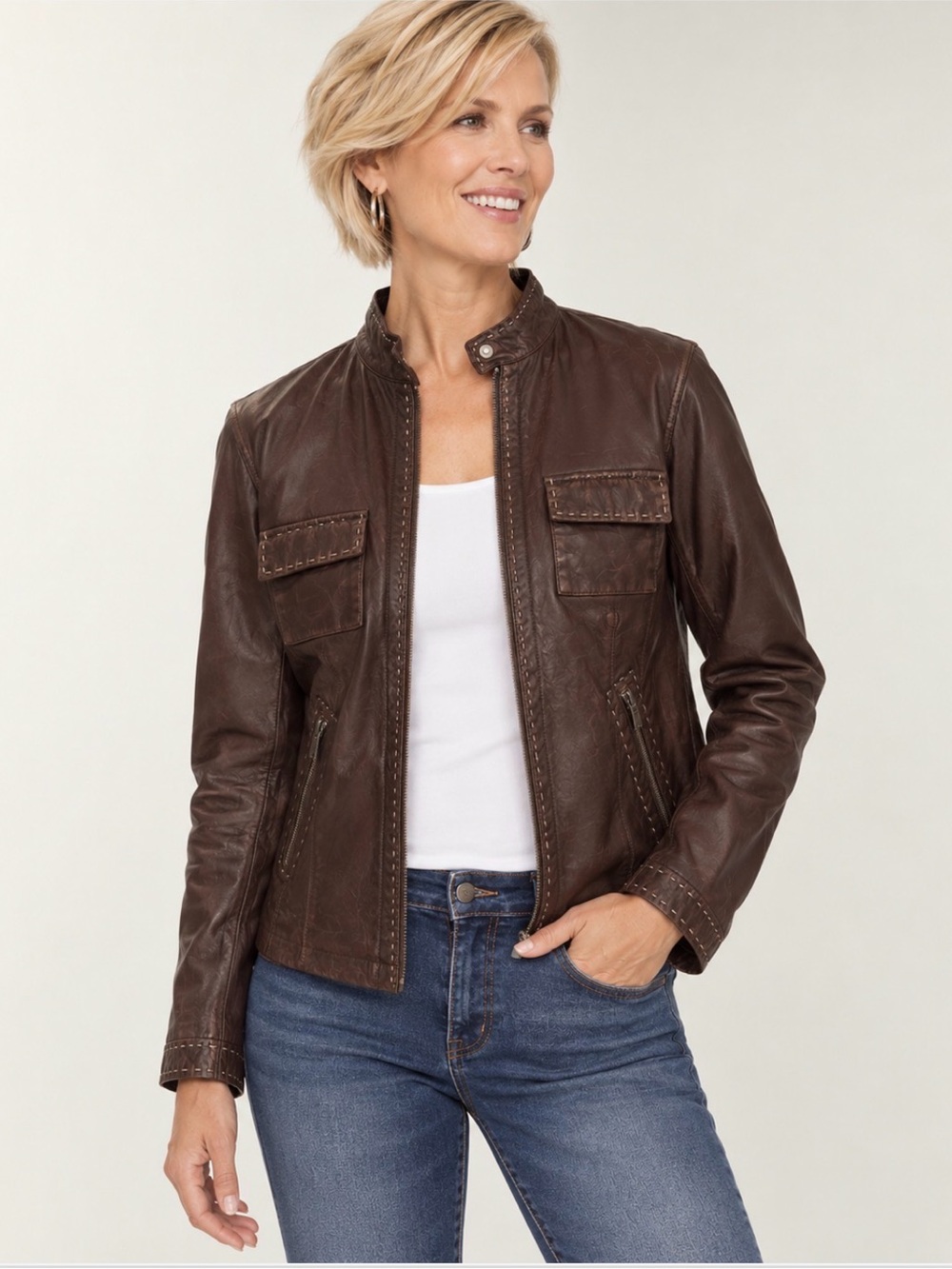CHICOS Chocolate Leather Western Jacket Barn Coat, Medium Sz 1 Contrast Stitch